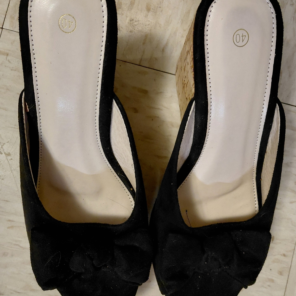 5" Black, Cork Wedge Shoes, Velvet with Bow Accent, Never Worn NWOT